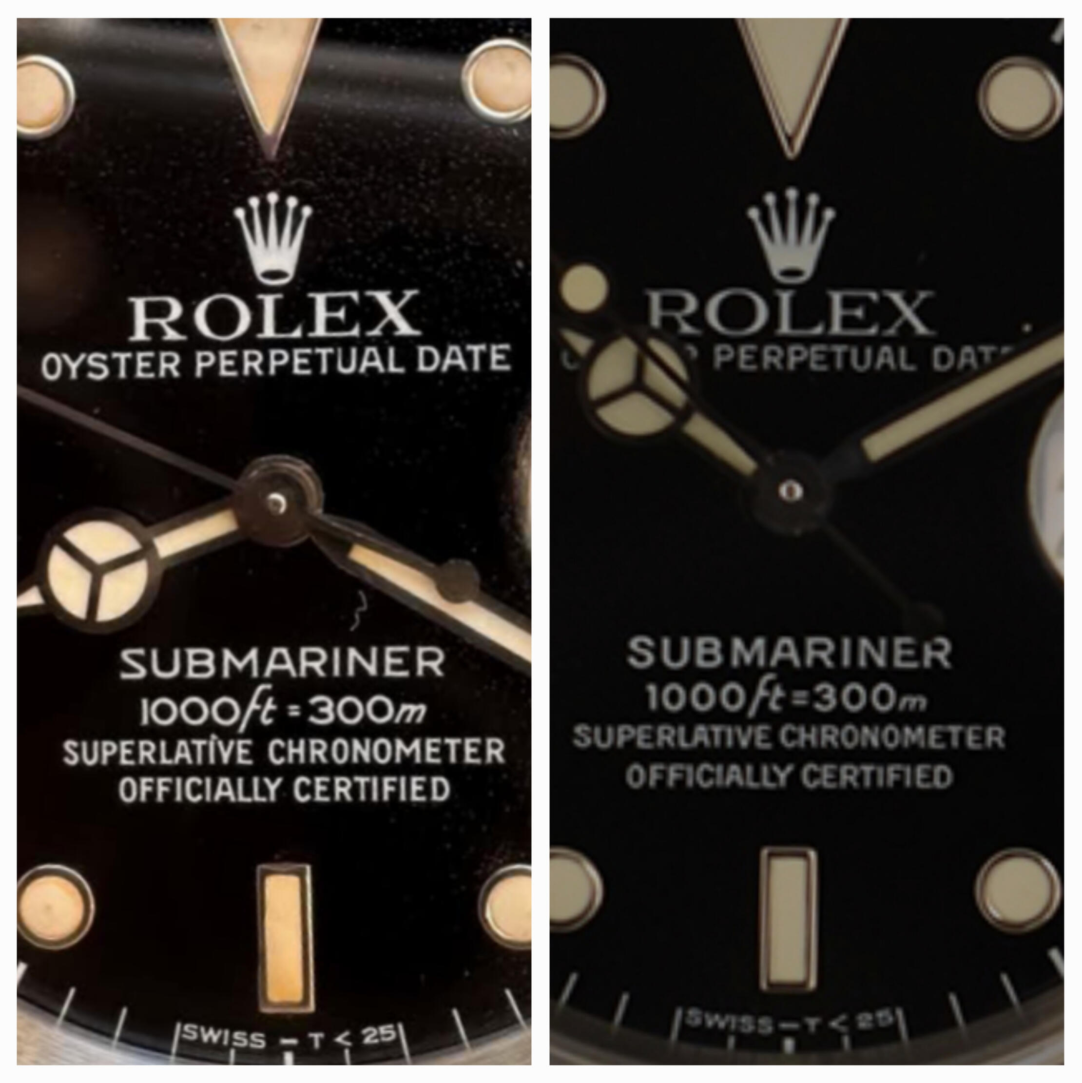 Cadran de Zubmariner à gauche (1989) et d'une Submariner classique à droite (1990) Rolex Submariner 16610 Zubmariner dial from 1989 beside a standard 1990 dial