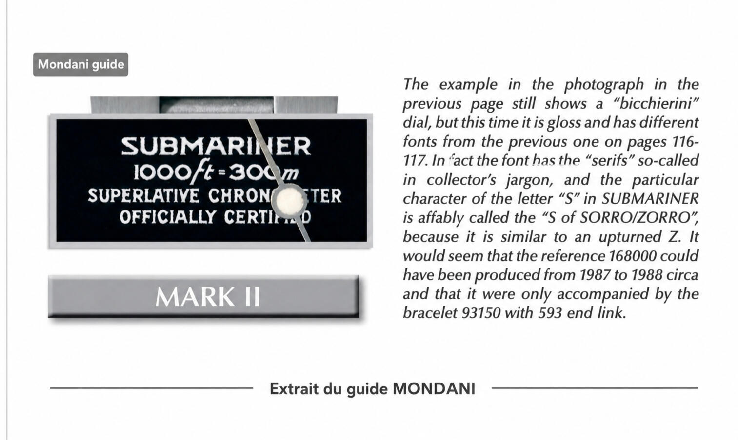 Mondani guide excerpt documenting the Zorro S dial on the Rolex Submariner 168000